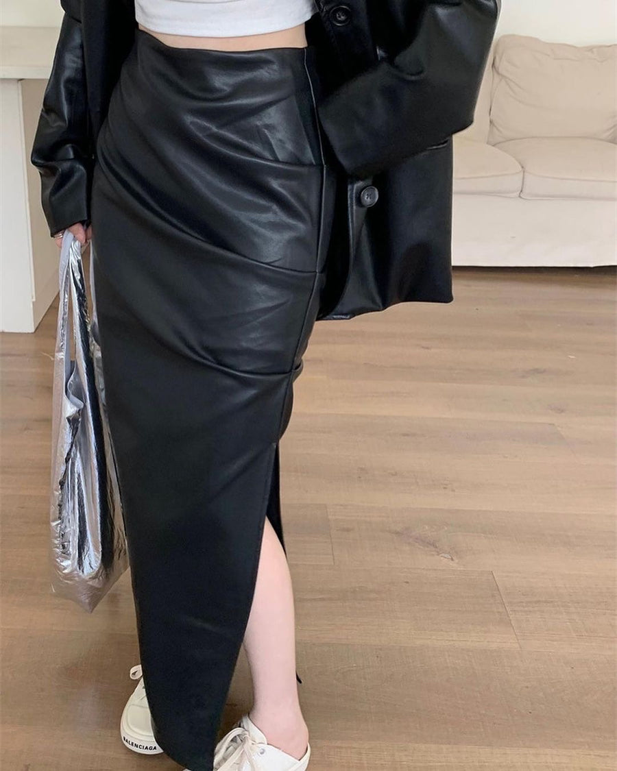 Pova Leather Slit Skirt