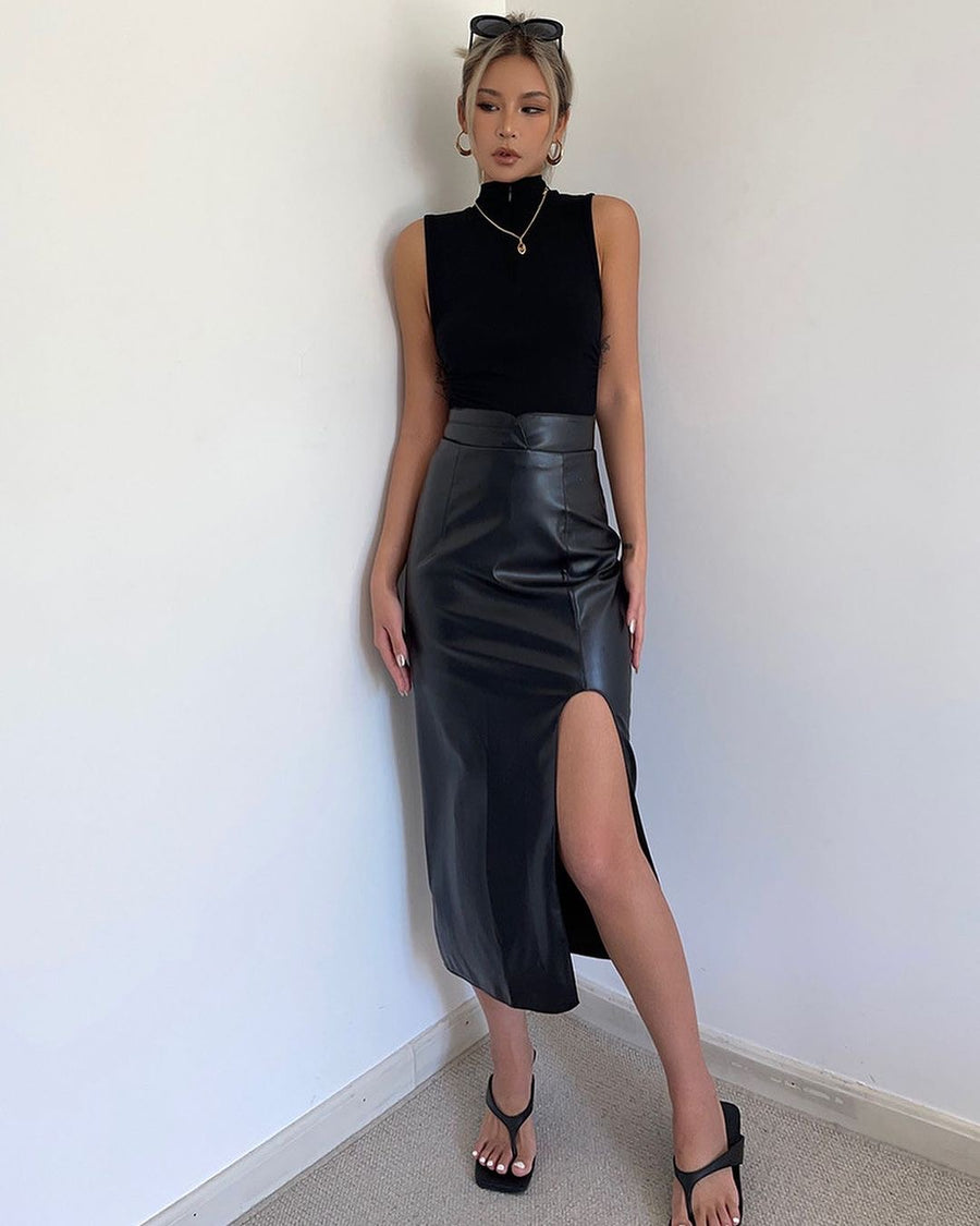 Adasa Leather Slit Skirt
