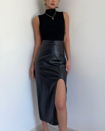 Adasa Leather Slit Skirt